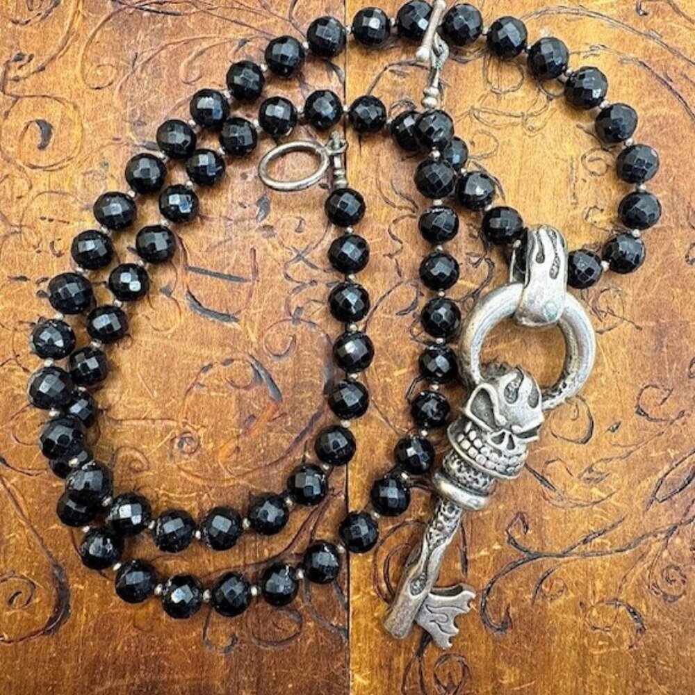 Starlingear Flaming Skeleton Key Sterling Silver925 Pendant On Beaded Necklace